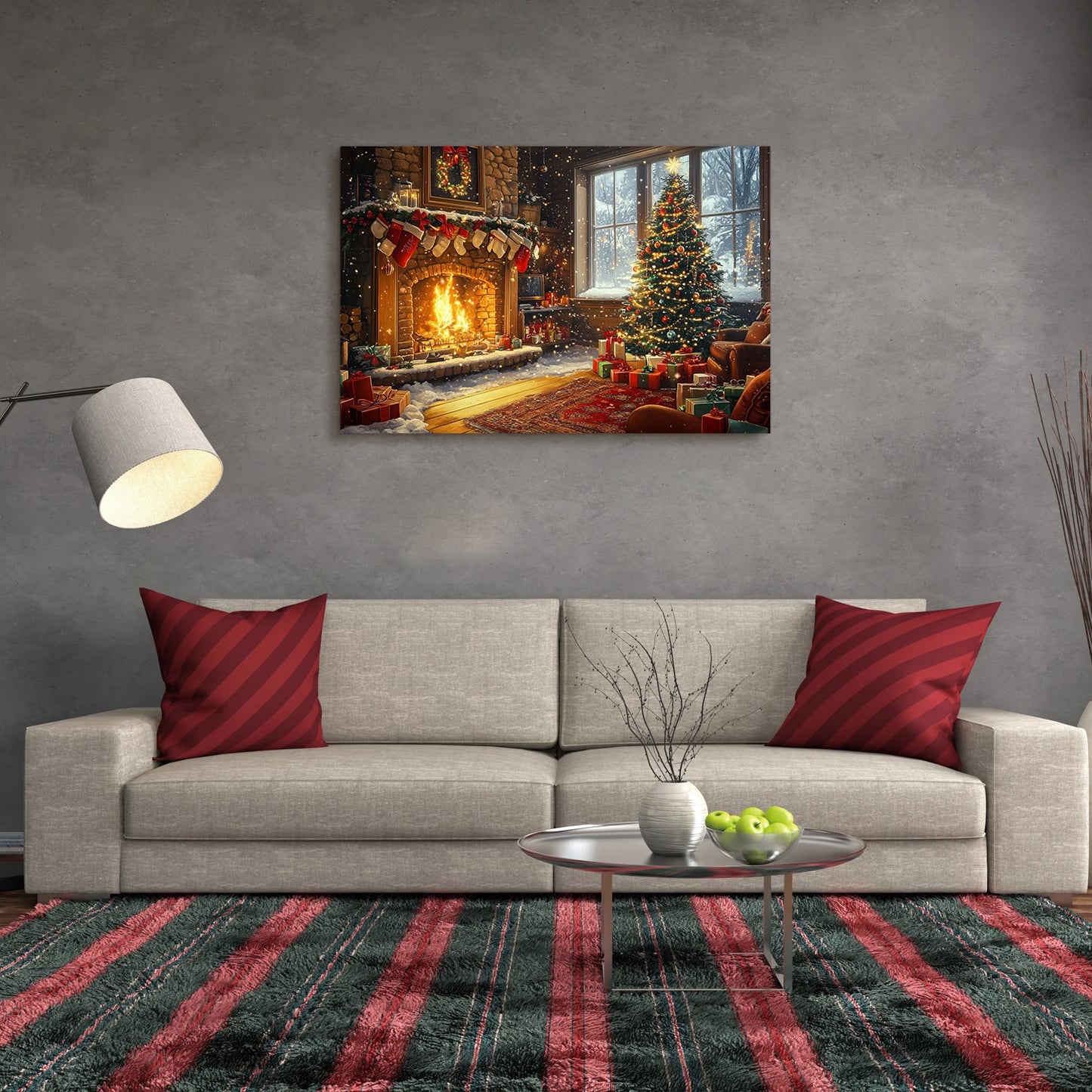 Cozy Christmas Gift Canvas Print Wall Decor Warm Fireplace, Decorated Tree & Presents, Perfect for Home Ambiance Christmas Decor