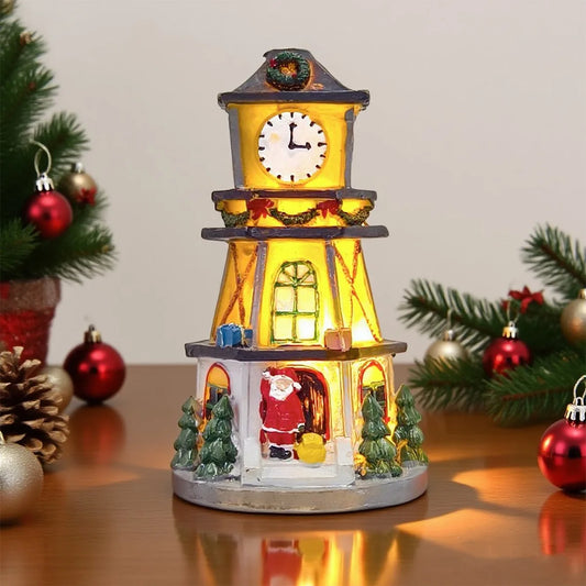 Christmas Resin Houses Clock Tower Pendant Luminous Christmas Decoration House Bedroom Table Ornament New Year Gift Home Decor