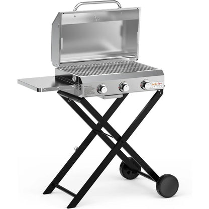 BBQ Gas Grill 3-Burner with Foldable Cart & Side Table, Portable Propane Grill with Lid for Outdoor Patio Backyard Barbecue