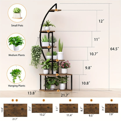 Spacious 64.5" Tall Corner Plant Stand with Grow Lights - Multi-Tiered Metal Shelf for Indoor Plants, Classic Style with Wooden Accents, Ideal for Living Room, Balcony, Patio & Garden Decor, Christmas Decor